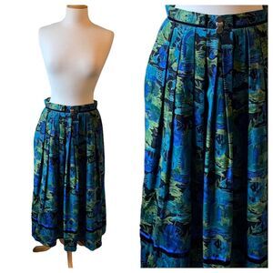 Vintage Alphorn Blue Green Floral Octoberfest Lined Box Pleats Maxi Skirt - Med